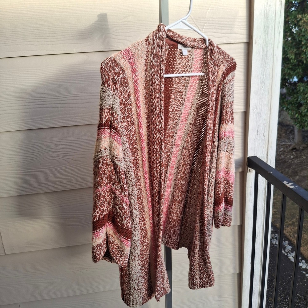 J. Jill Womens Large Brown Pink Striped‎ Cotton Blend Open Front Knit Cardigan
